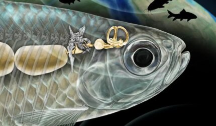 Rekonstruksi Peralatan Weberian oleh Artis pada Fosil Ikan