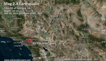 Mag yang lemah. Gempa 2,4 - San Bernardino County, 18 mil Utara Riverside, Riverside County, California, Amerika Serikat, pada Kamis, 18 Desember 2025, pukul 23:54 (GMT -8)