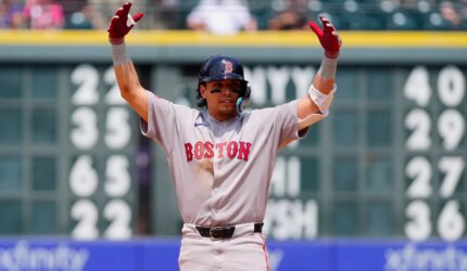 Jun 24, 2026; Denver, Colorado, USA; Boston Red Sox second baseman Anthony Seigler (48) celebrates his RBI double in fifth inning against the Colorado Rockies at Coors Field. Mandatory Credit: Ron Chenoy-Imagn Images